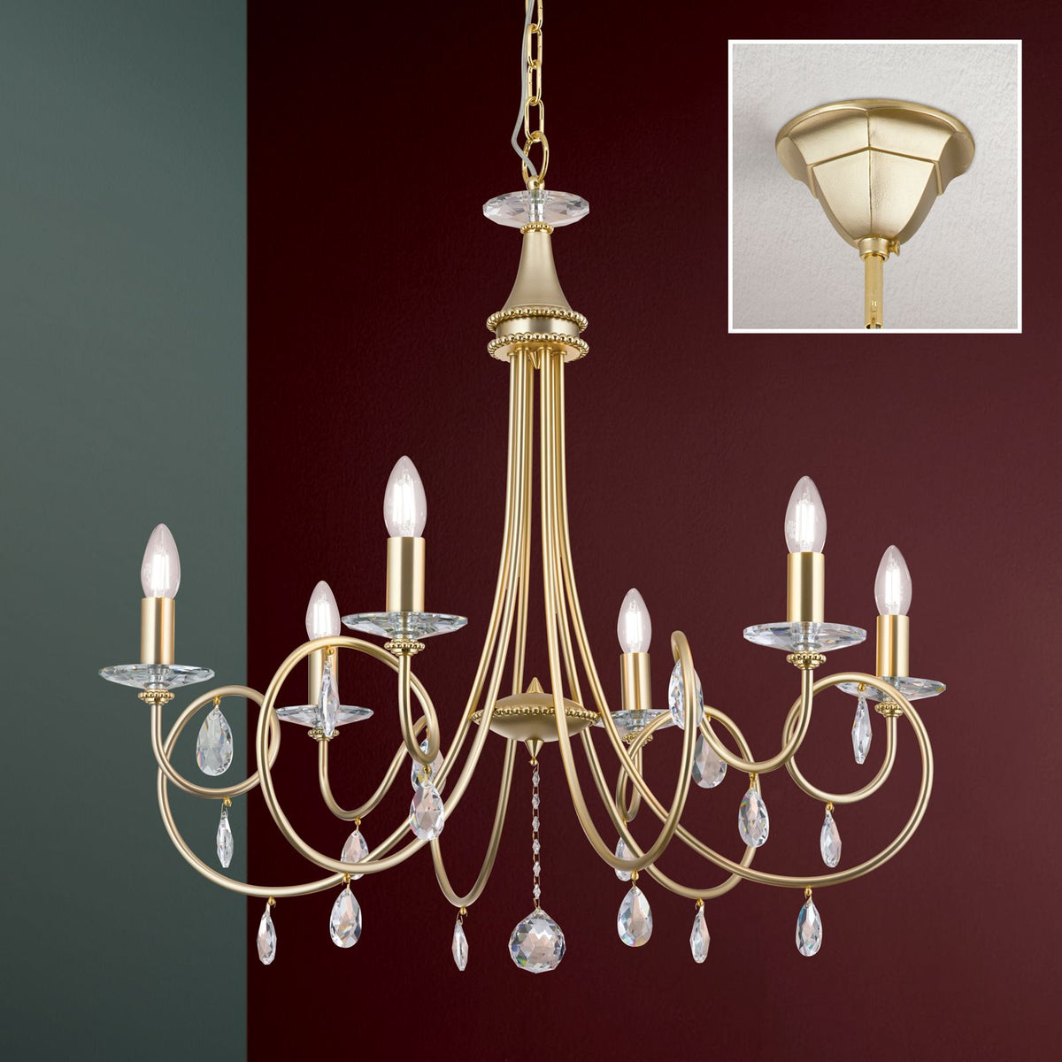 Lustre doré en situation, avec encart montrant la fixation au plafond et le crochet