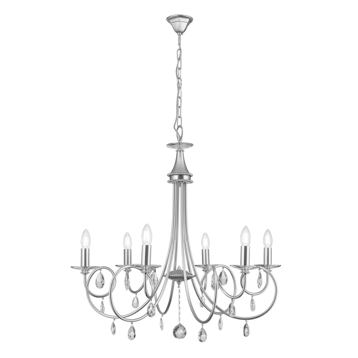 Version argentée du lustre, six bras et cristaux, présentée de face sur fond blanc