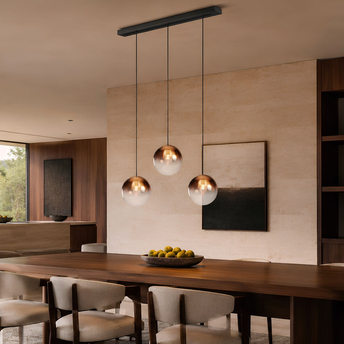 Suspension de table Orb 3 lumières, longueur 120 cm, verres Ø 30 cm