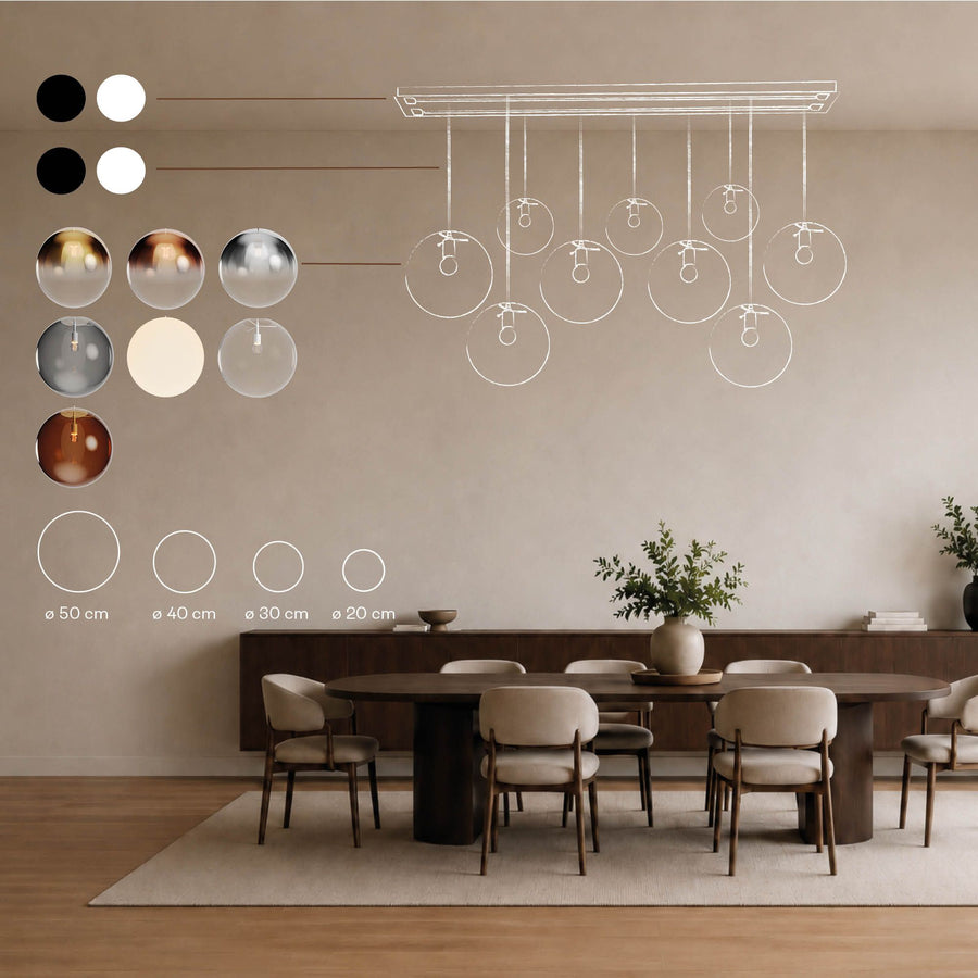 Suspension de table Orb 5 lumières sur 2 rangées, longueur 160 cm