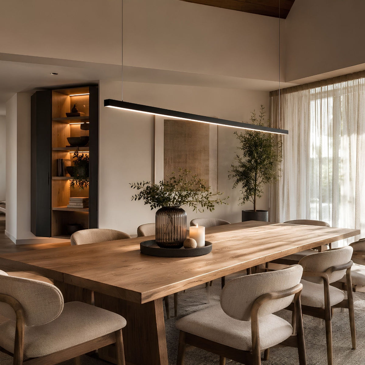 Salle à manger boisée, suspension noire fine éclairant une longue table et des chaises claires