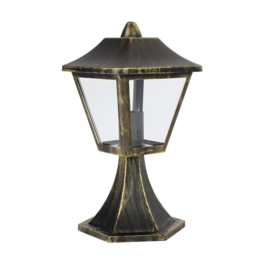 Luminaire extérieur traditionnel de face, finition aluminium doré et noir vieilli.
