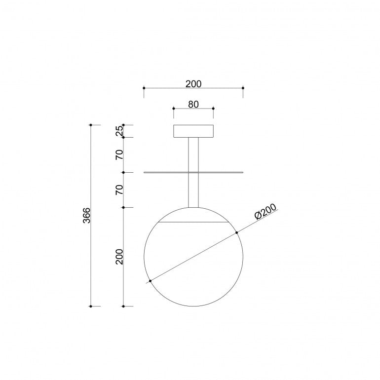 Schéma coté du plafonnier : hauteur totale 368 mm et diamètre sphère 200 mm