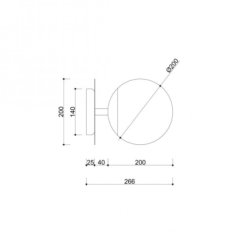 Schéma coté : diamètre 200 mm, profondeur totale 266 mm, platine 140 mm