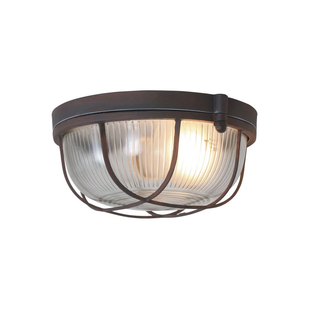 Runde braune Deckenleuchte, Industrie-Bullauge & geriffeltes Glas Ø 17 cm | Lisanne