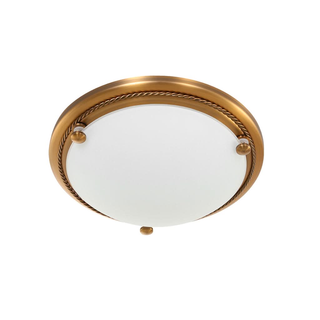 Vue en plongée du plafonnier rond, cerclage bronze et verre blanc dépoli