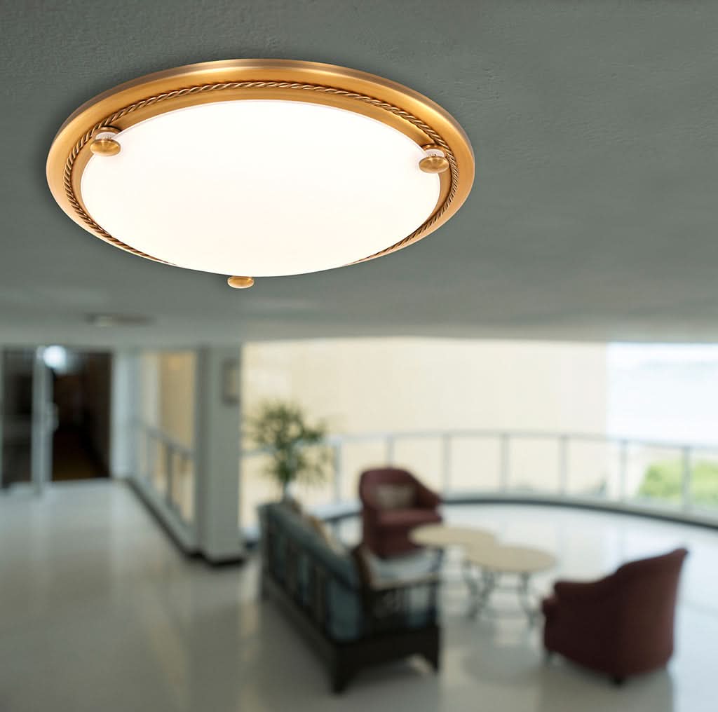 Plafonnier installé au plafond dans un hall, éclairant un salon flou en arrière-plan