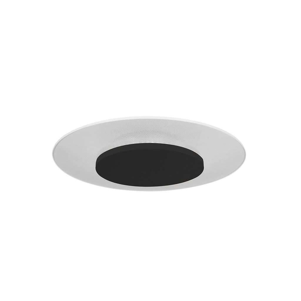 Même plafonnier rond vu de face avec couronne extérieure blanche et centre noir
