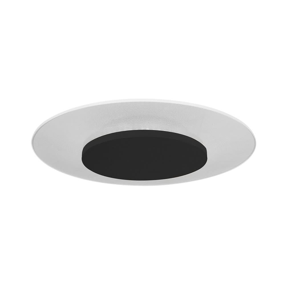Deuxième vue du plafonnier, version blanche avec bord strié et partie centrale noire mate.