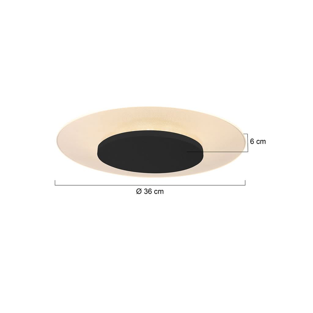 Schéma de dimensions indiquant un diamètre de trente-six centimètres et une hauteur de six.
