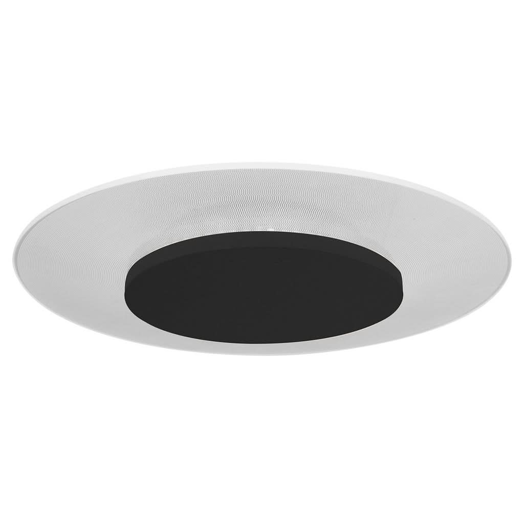 Vue de dessous d'un plafonnier à anneau clair texturé et disque central noir.
