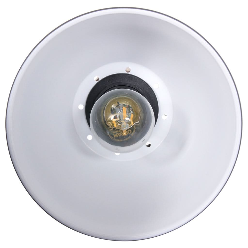 Détail de l'intérieur d'une coupelle avec ampoule vissée et réflecteur blanc.