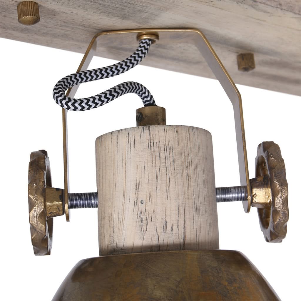 Détail du support central en bois avec vis à ailettes et câble tressé noir et blanc