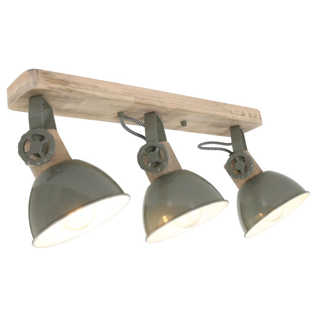 Plafonnier vert bois Gearwood vu de trois quarts, ses trois spots orientables a rotule