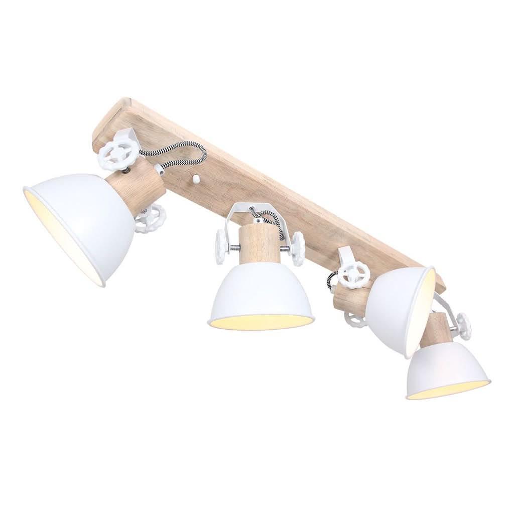 Plafonnier industriel 4 spots blanc en bois et métal, barre orientable de profil