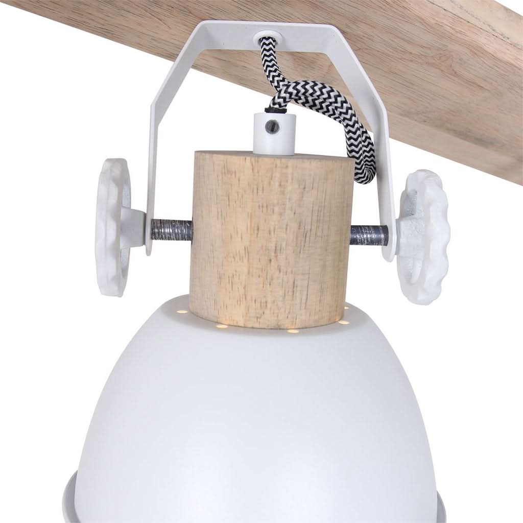 Spot orientable du plafonnier industriel : abat-jour blanc et bloc bois avec molette de réglage