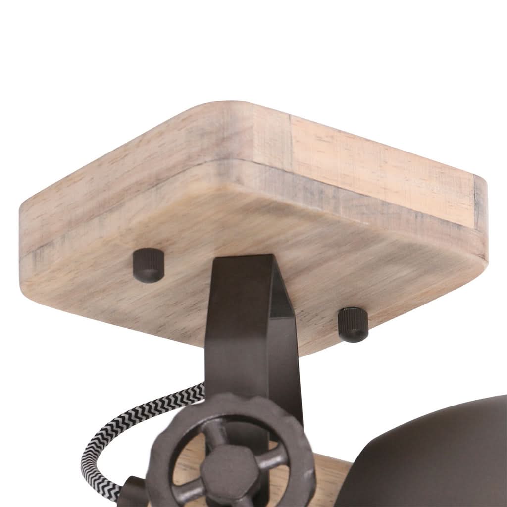 Détail de la platine bois vue de dessous, vis de fixation et câble tressé apparent