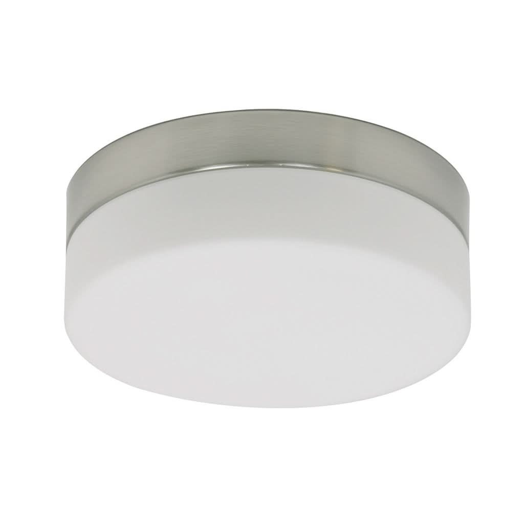 Version à diffuseur blanc, plafonnier rond avec cerclage métallique brossé.