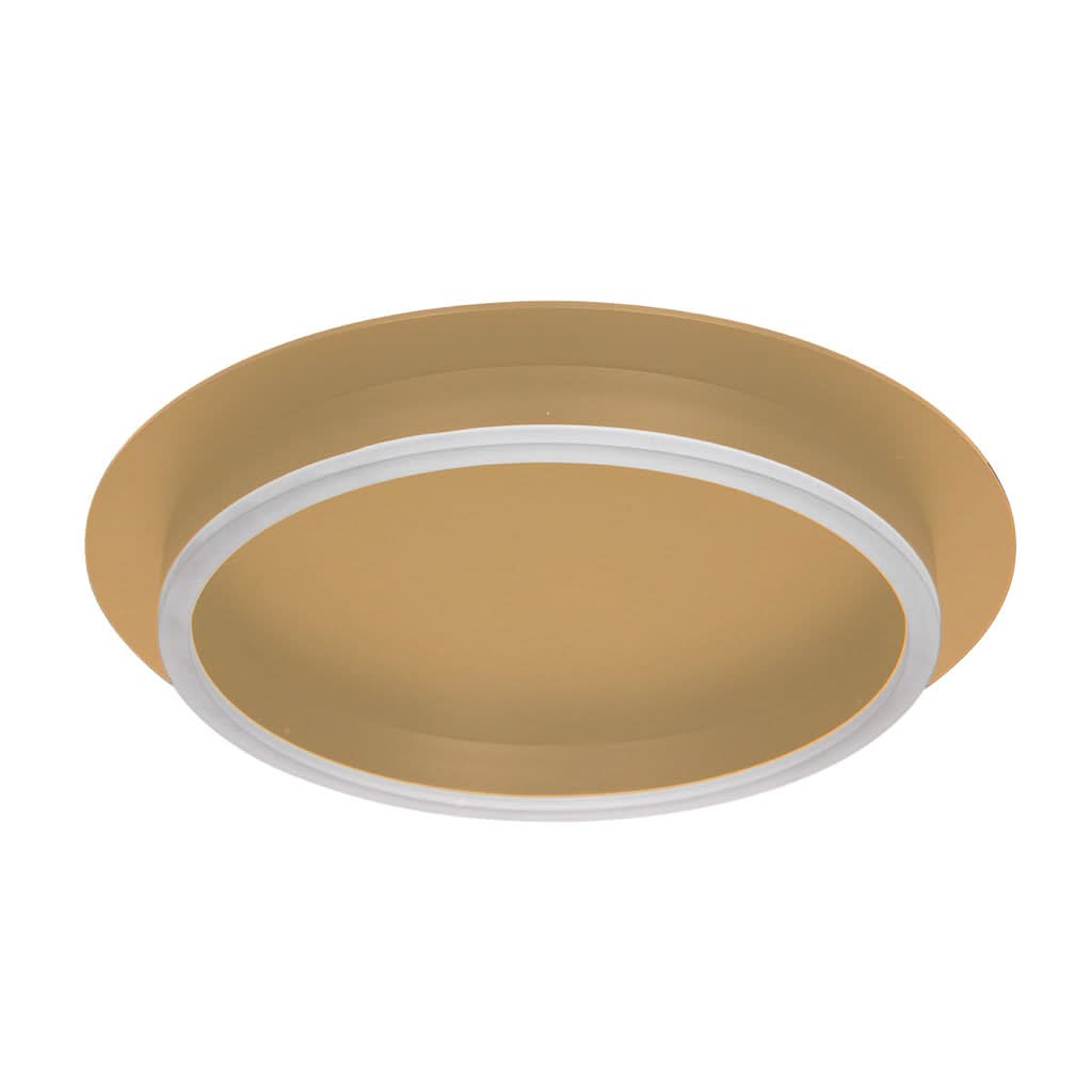 Vue plongeante du luminaire doré montrant le diffuseur blanc ceinturant le disque
