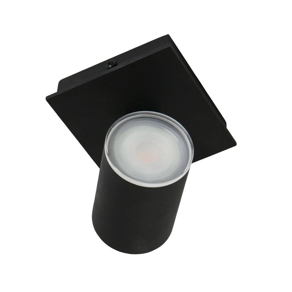Vue de dessous du spot noir, diffuseur blanc et socle carré de fixation