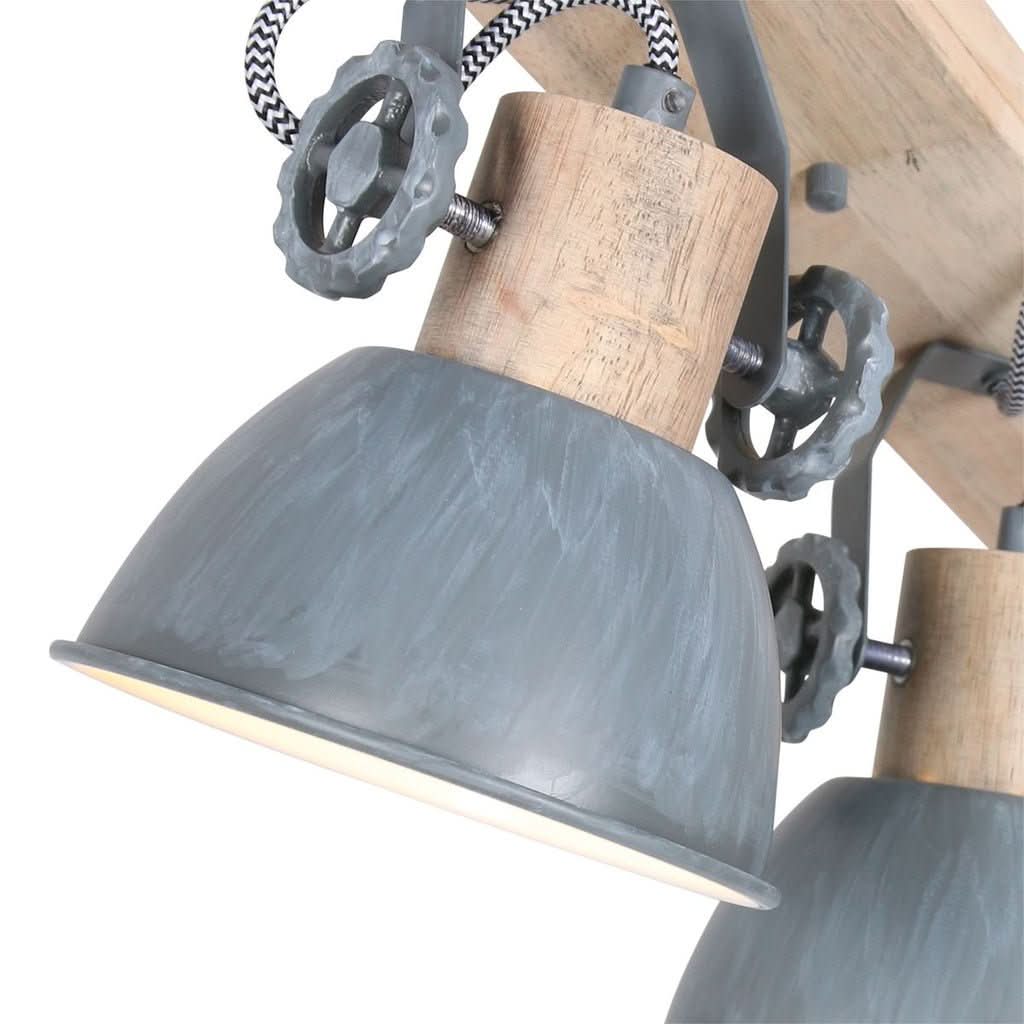Gros plan sur un abat-jour conique gris et son support cylindrique en bois naturel