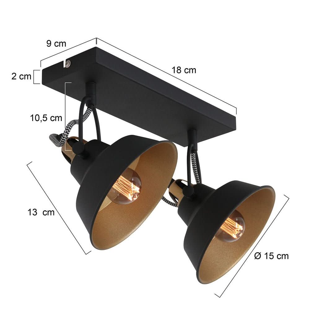 Schéma coté du plafonnier : base 18 cm, hauteur 10,5 cm, diamètre 15 cm