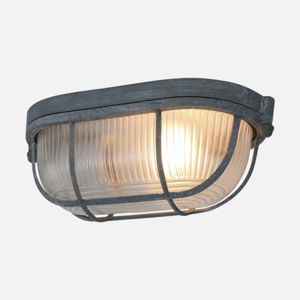 Industrielle Bullaugen-Deckenleuchte grau, Metall & geriffeltes Glas 21 cm | Lisanne