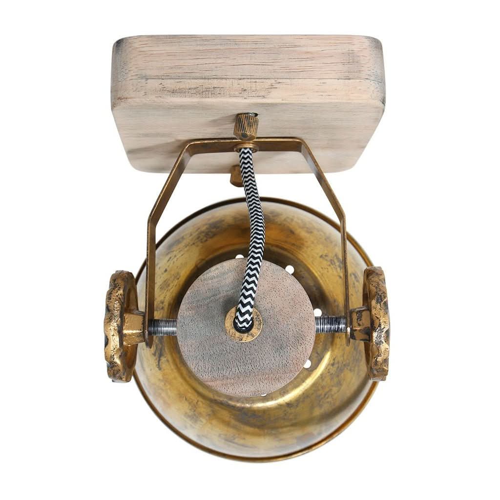 Vue de dessous du luminaire, platine en bois et câble textile noir et blanc