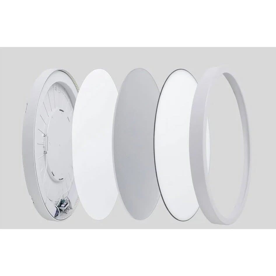 Vue éclatée du luminaire montrant la platine, les diffuseurs et le cadre de fixation