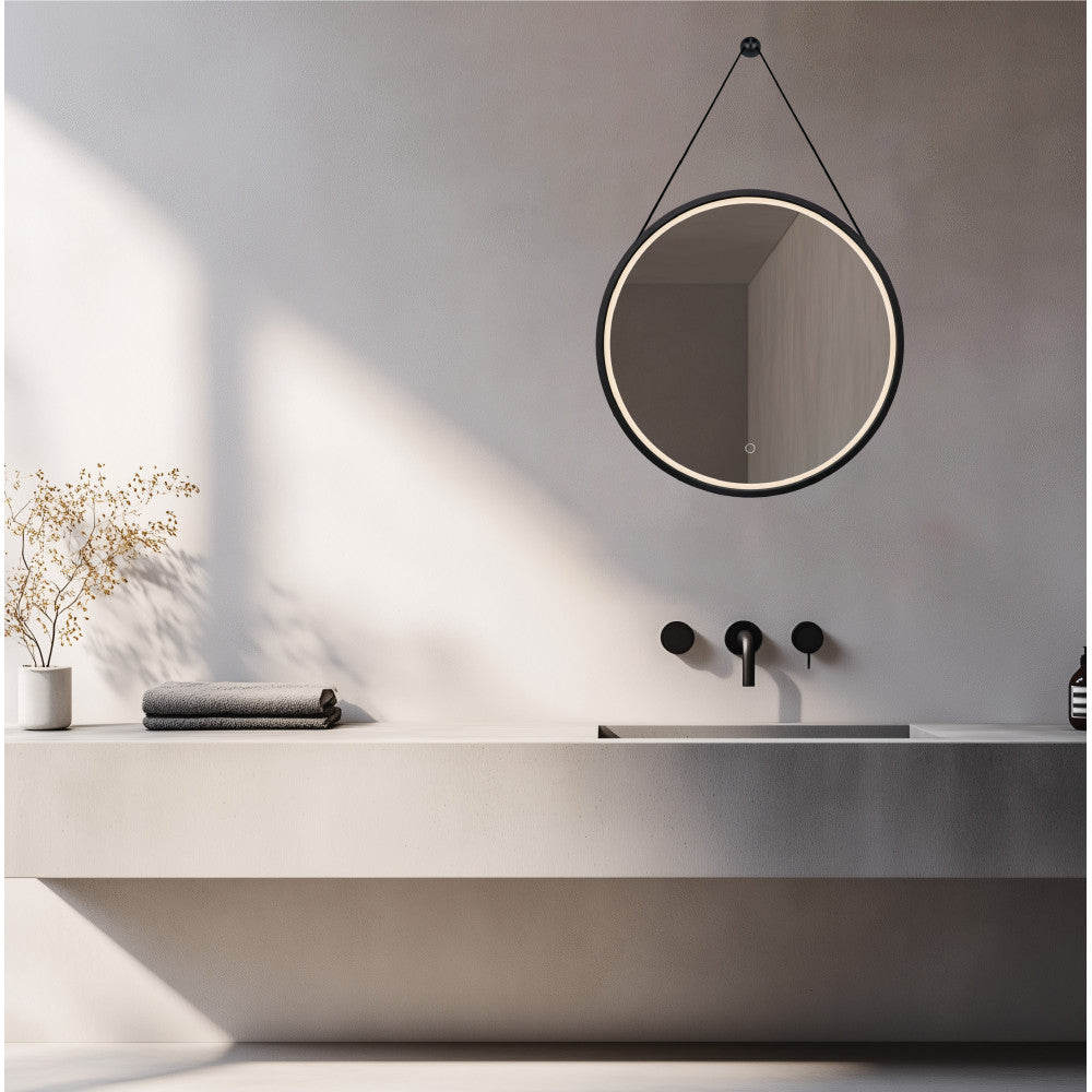 Mise en ambiance du miroir dans une salle de bain béton clair, au-dessus du lavabo
