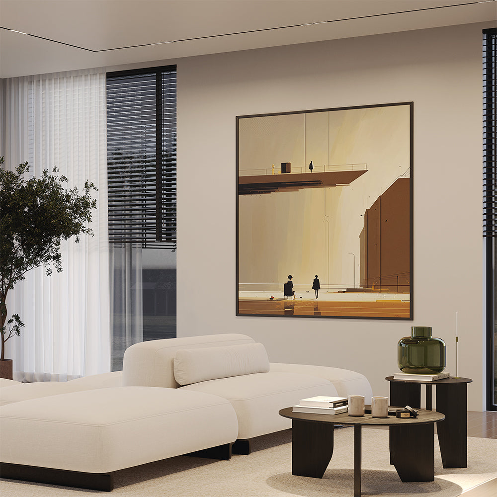 Salon contemporain avec canapé beige et profil lumineux encastré au plafond