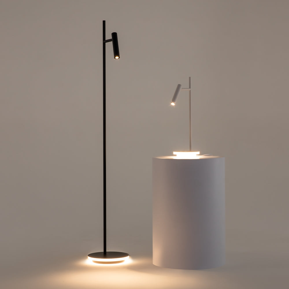 Mise en ambiance avec version noire en lampadaire près du modèle blanc