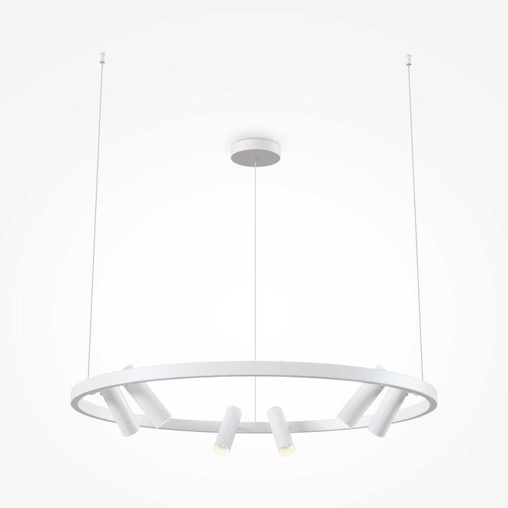 Version blanche du luminaire, anneau et projecteurs présentés sur fond neutre