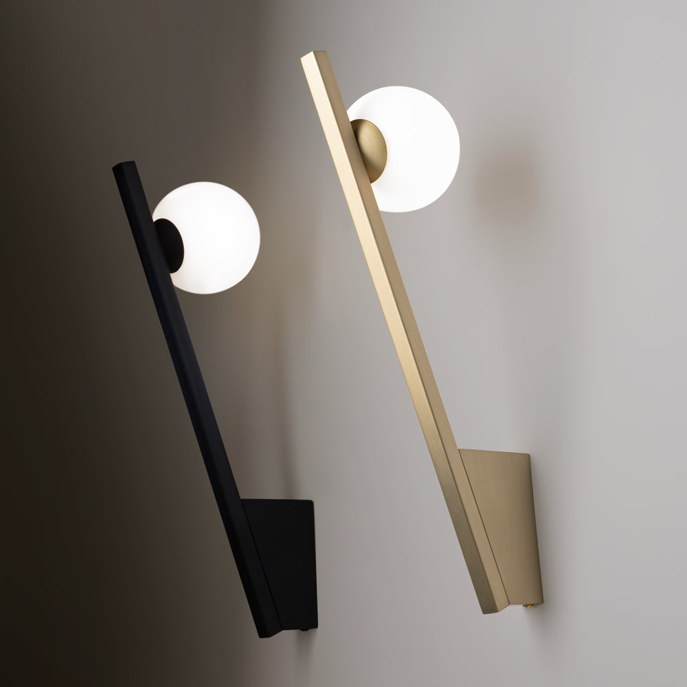 Deux appliques murales comparées, une noire et une dorée, sur fond gris.