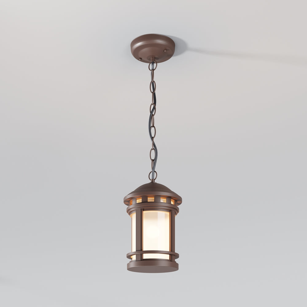 Version suspension avec chaîne et rosace au plafond, lanterne allumée