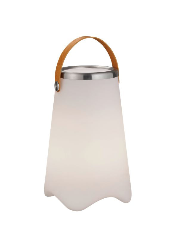 Lampe à poser blanche de face, anse cuir et cerclage métallique