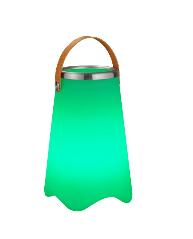 Lampe portable vert émeraude allumée, présentée de face sur fond blanc