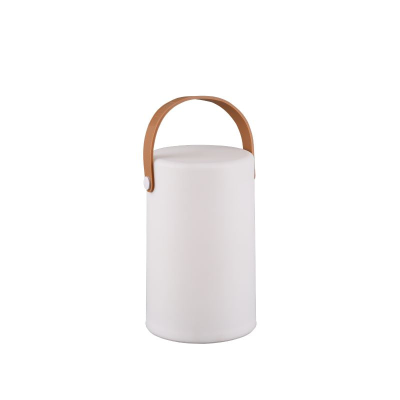 Lampe à poser cylindrique blanche éteinte, vue de face avec anse en cuir.