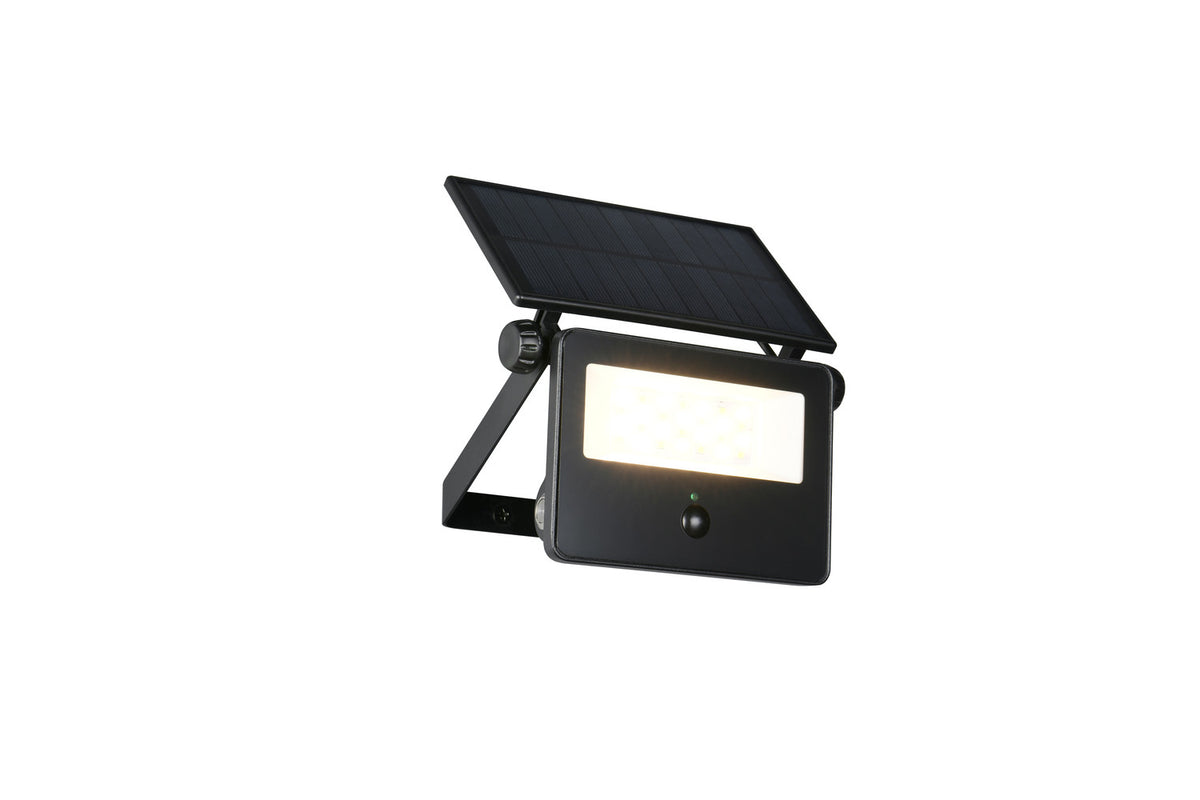 Présentation du projecteur solaire noir avec support orientable et zone lumineuse allumée.