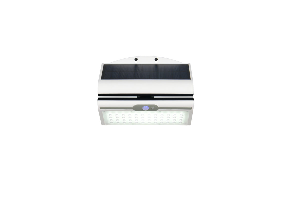 Vue de face montrant le panneau solaire rectangulaire noir et le corps blanc.