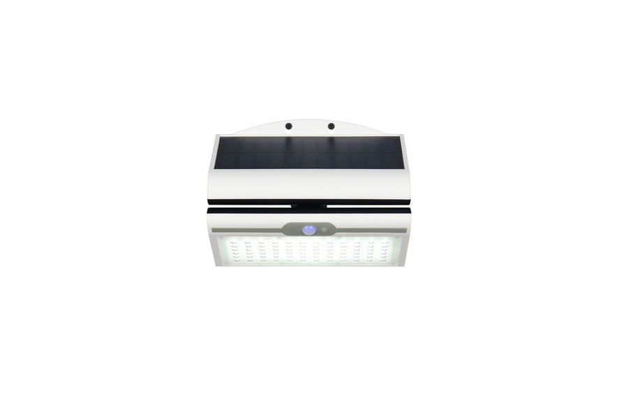 Vue de face montrant le panneau solaire rectangulaire noir et le corps blanc.