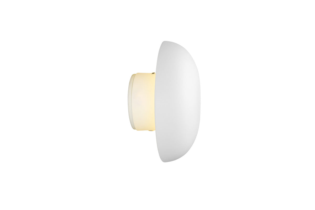Profil latéral de l'applique montrant le socle beige et le diffuseur bombé.