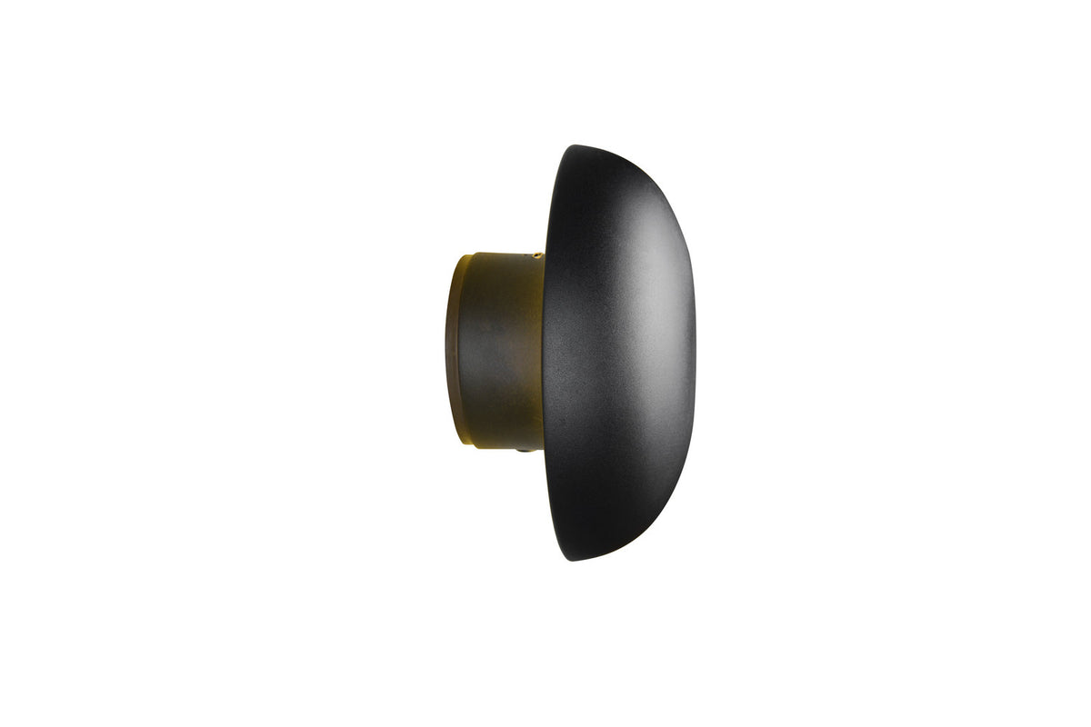 Profil latéral du luminaire montrant le dôme noir et sa base cylindrique dorée