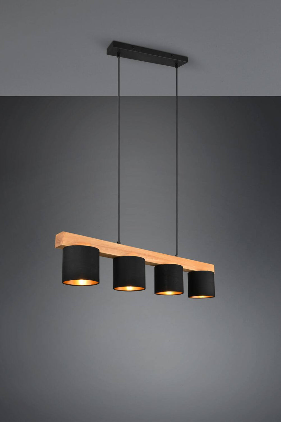 Produit seul sur fond gris foncé, poutre en bois clair et quatre cylindres noirs