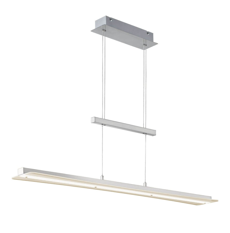 Luminaire allumé de trois quarts, diffusion lumineuse chaude sur fond blanc