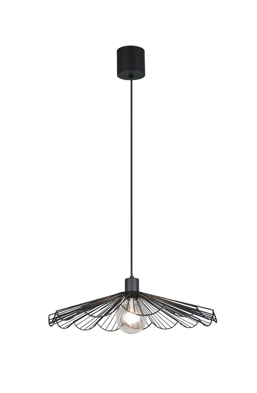 Vue rapprochée du luminaire suspendu noir, soulignant le câble et la structure ajourée