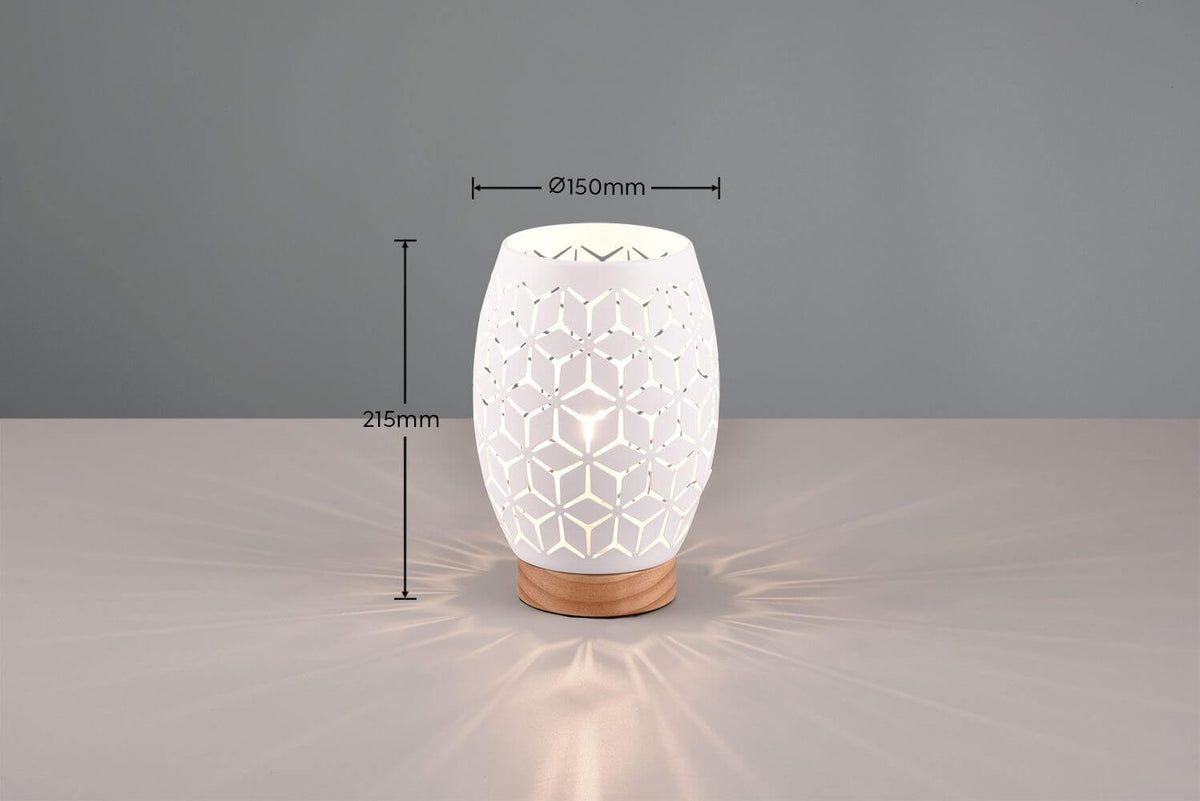 Schéma coté de la lampe, hauteur 215 mm et diamètre 150 mm, ombre portée.