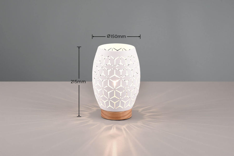 Schéma coté de la lampe, hauteur 215 mm et diamètre 150 mm, ombre portée.