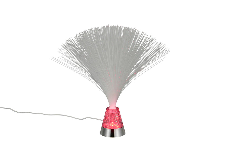 Gros plan sur la lampe allumée en rose, mettant en valeur les fibres optiques.
