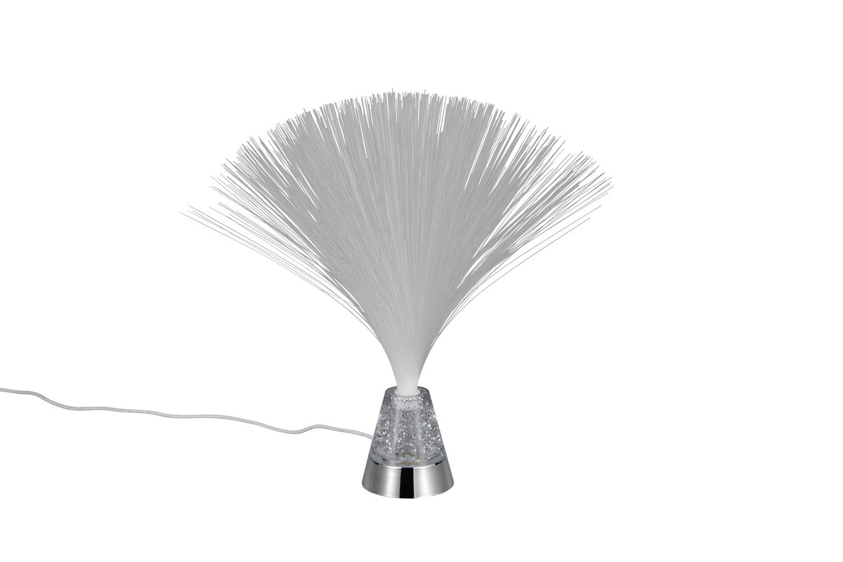 Lampe à fibres optiques blanche, base chromée et cône à paillettes argentées.